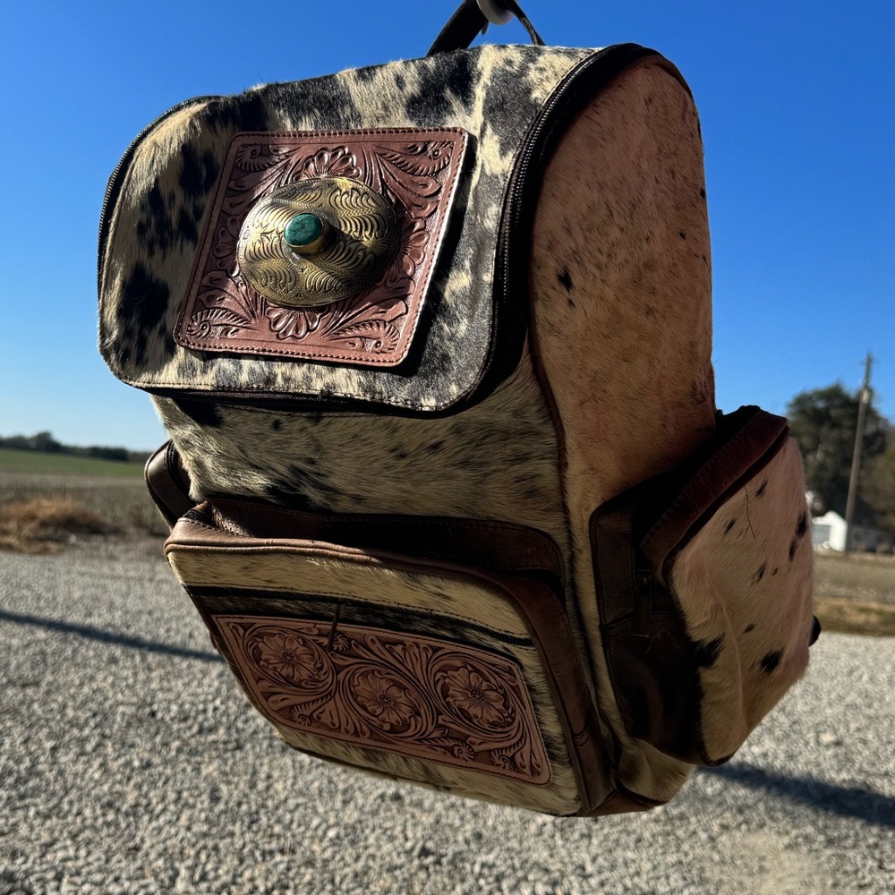 Handcrafted Brown and Cream Leather Cowhide Backpack